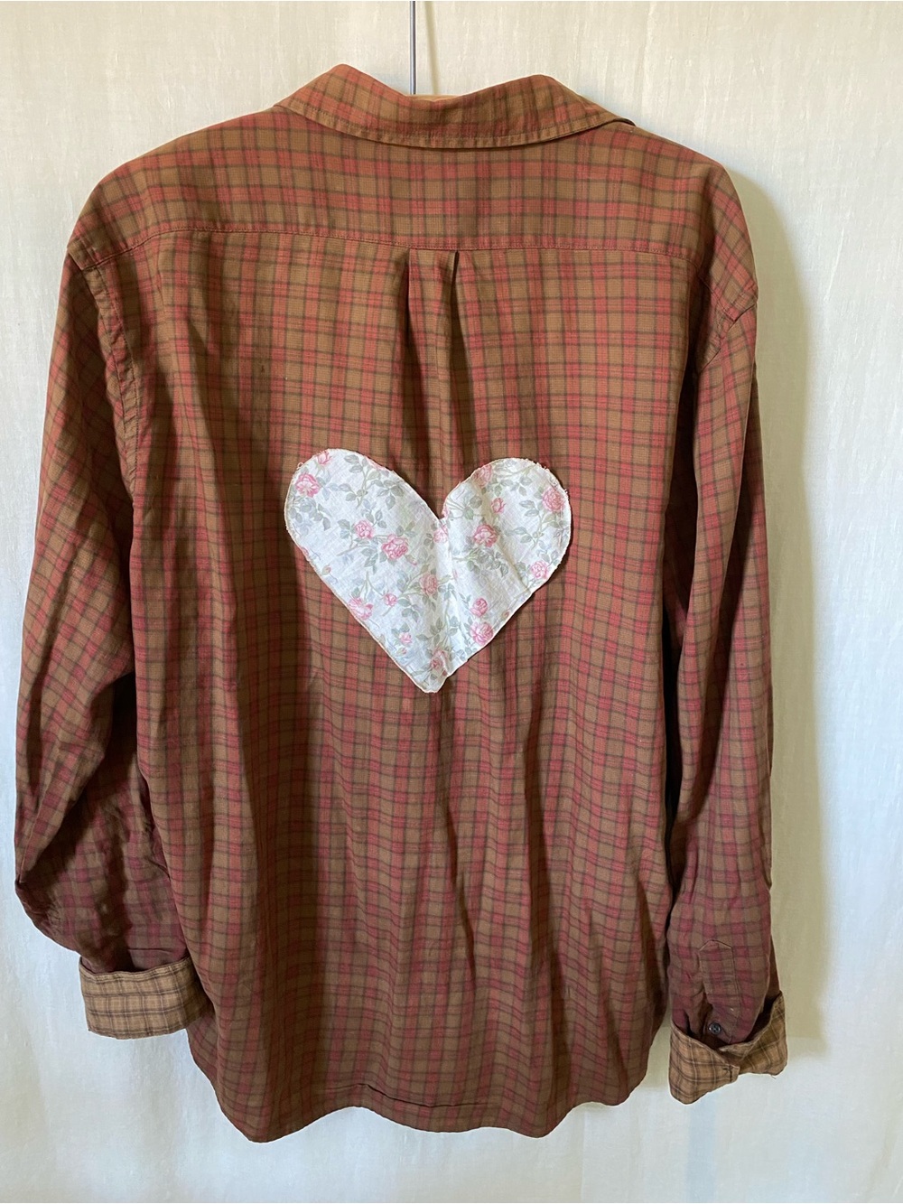 GAP Vintage Plaid Button-Up Shirt with Floral Heart Patch - Rust and Olive - L